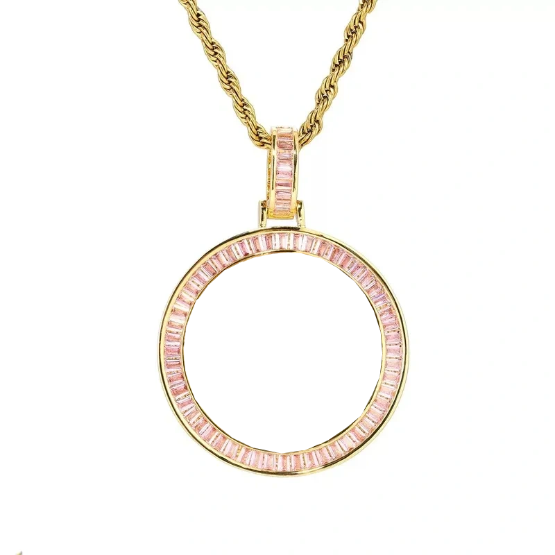 Custom Photo Pink Diamond Round Pendant in 18k Gold - 38mm