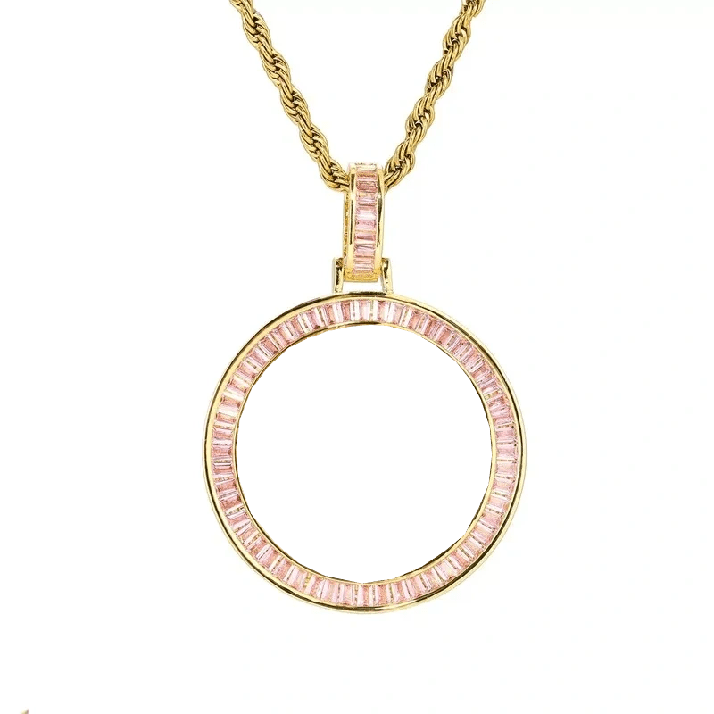 Custom Photo Pink Diamond Round Pendant in 18k Gold - 38mm - TONGSHOP / Color:White Gold / Length:16 / Length:18