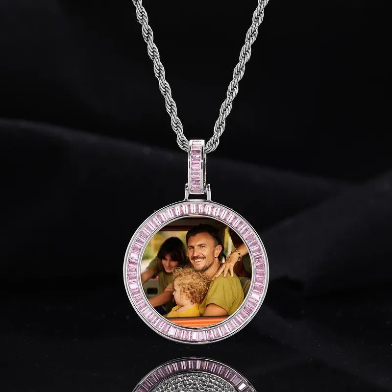 Custom Photo Pink Diamond Round Pendant in 18k Gold - 38mm - TONGSHOP / Color:White Gold / Length:16 / Length:18