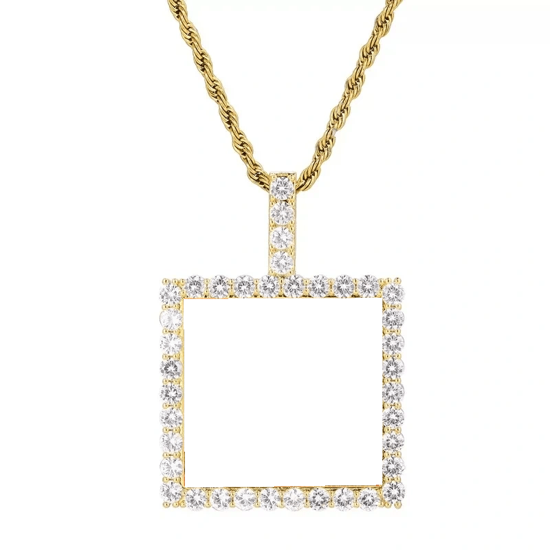 18k Gold Custom Photo Square Pendant - 40mm - TONGSHOP / Color:White Gold / Length:16 / Length:18