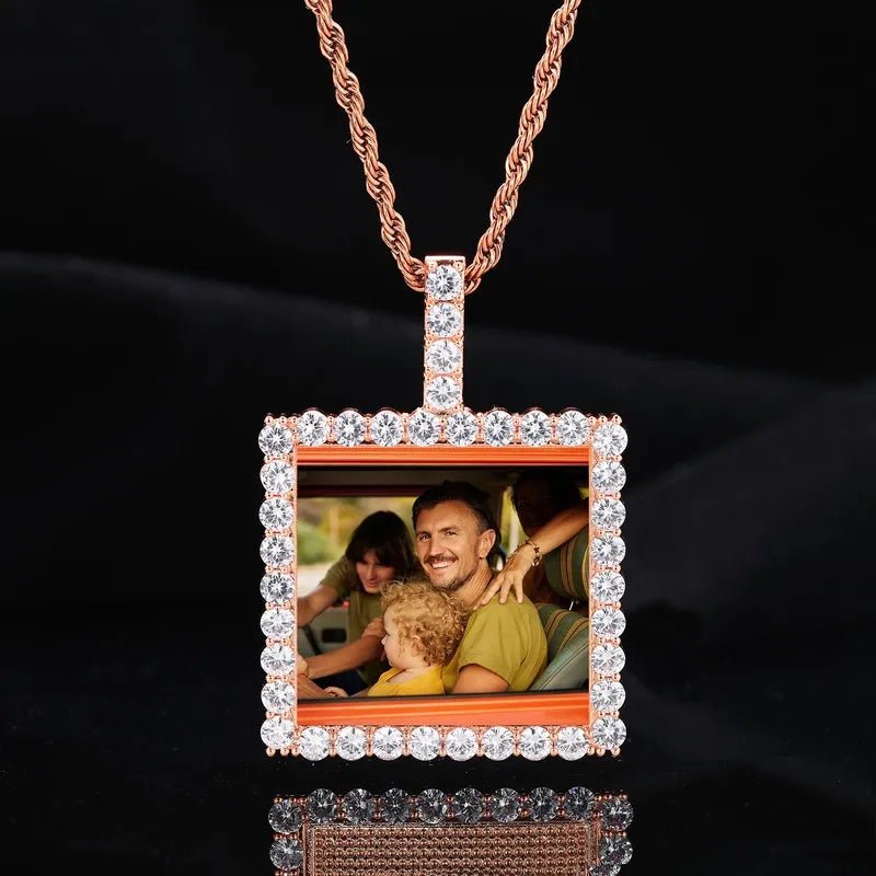 18k Gold Custom Photo Square Pendant - 40mm - TONGSHOP / Color:White Gold / Length:16 / Length:18