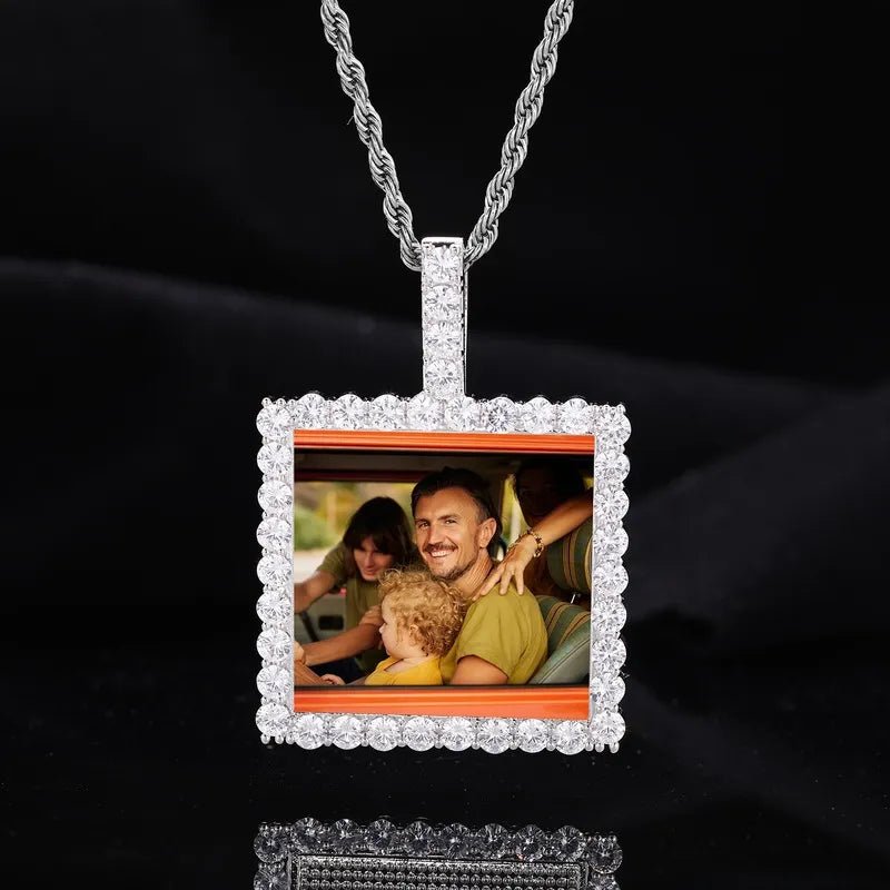 18k Gold Custom Photo Square Pendant - 40mm - TONGSHOP / Color:White Gold / Length:16 / Length:18