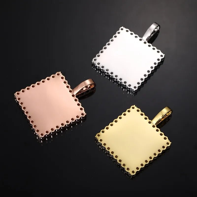 18k Gold Custom Photo Square Pendant - 40mm - TONGSHOP / Color:White Gold / Length:16 / Length:18