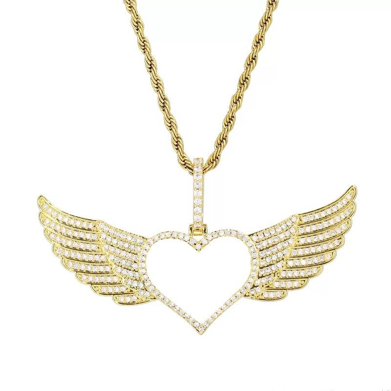 18k Gold Large Angel Wings Photo Custom Heart Pendant - 80mm - TONGSHOP / Color:White Gold / Length:16 / Length:18