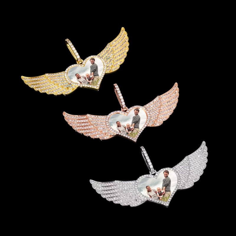 18k Gold Large Angel Wings Photo Custom Heart Pendant - 80mm