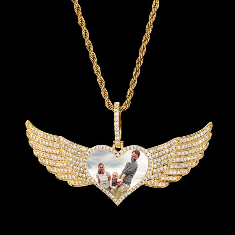 18k Gold Large Angel Wings Photo Custom Heart Pendant - 80mm - TONGSHOP / Color:White Gold / Length:16 / Length:18