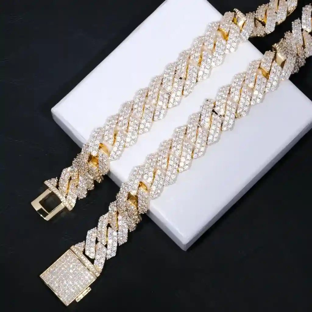 19mm 2 - Row Iced Prong Cuban Chain In 18K Gold - TONGSHOP