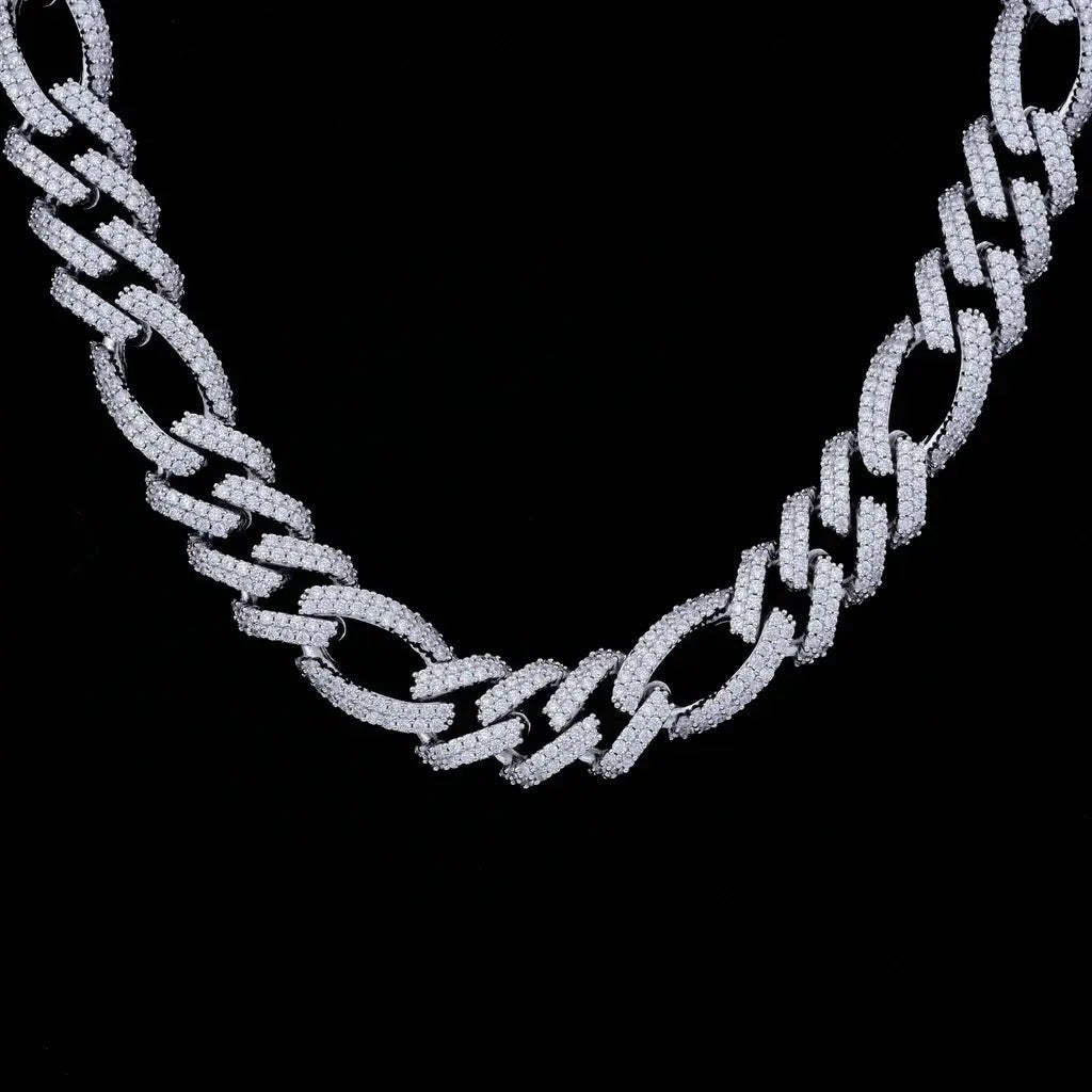 Iced Figaro Chain in White Gold - 19mm - TONGSHOP / 19mm Iced Figaro Chain / Bling Figaro Necklace