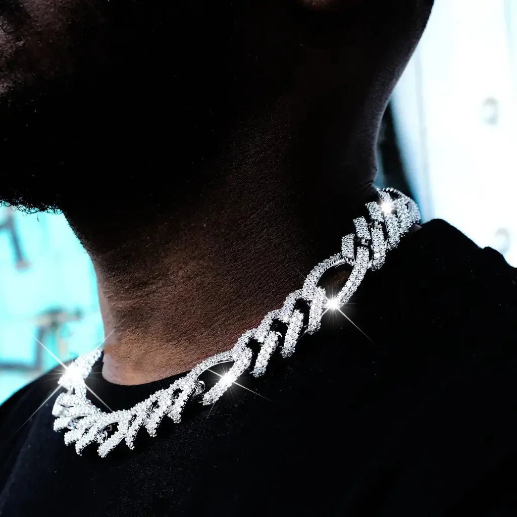 Iced Figaro Chain in White Gold - 19mm - TONGSHOP / 19mm Iced Figaro Chain / Bling Figaro Necklace