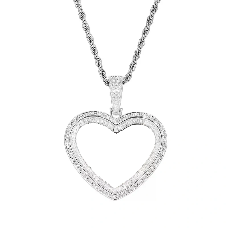 14K White Gold Custom Photo Heart T-Shaped Diamond Pendant - 42mm
