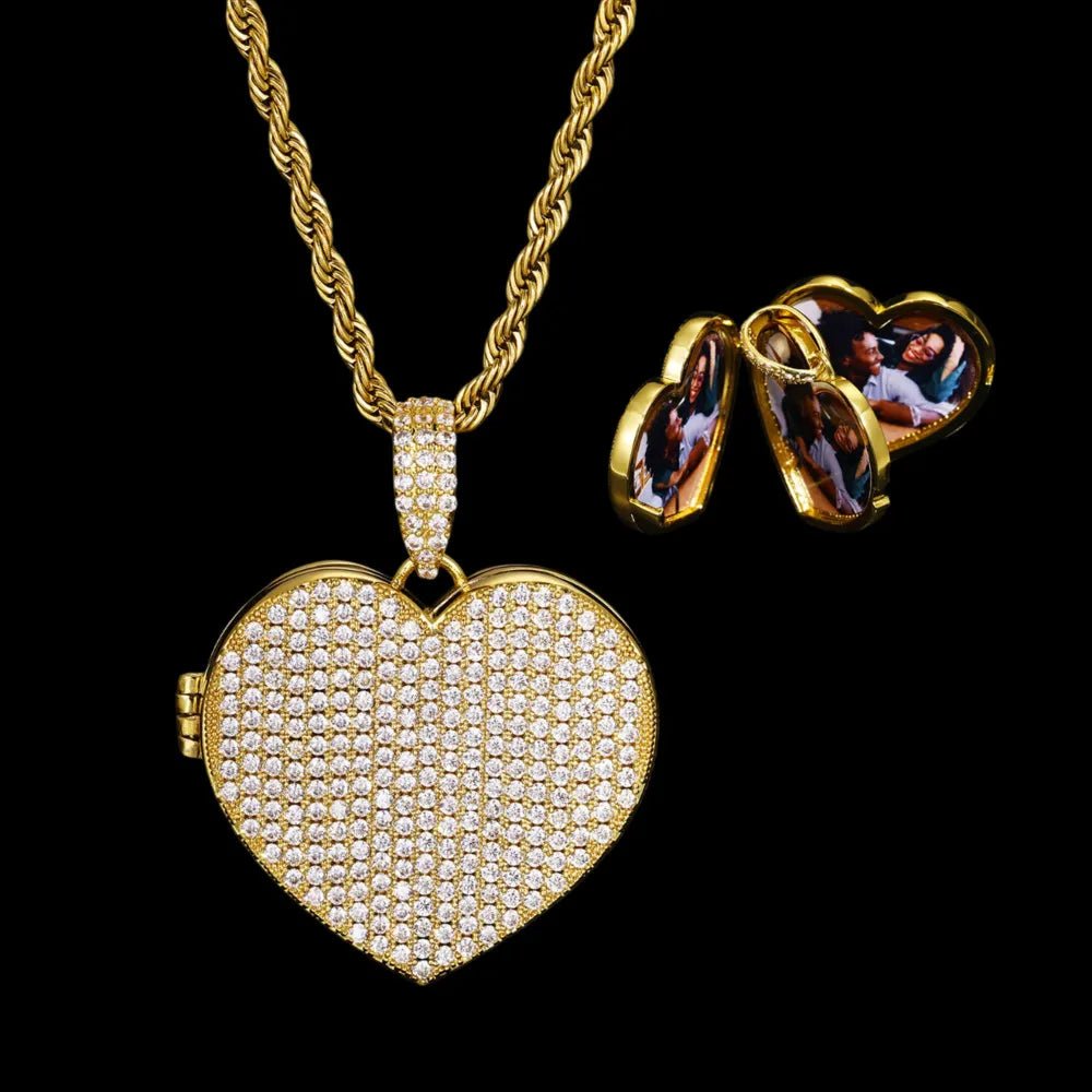 3 x Photo Fully Iced Out Custom Heart - Shaped Solid Pendant - 38mm - TONGSHOP / Length:16 / Length:18
