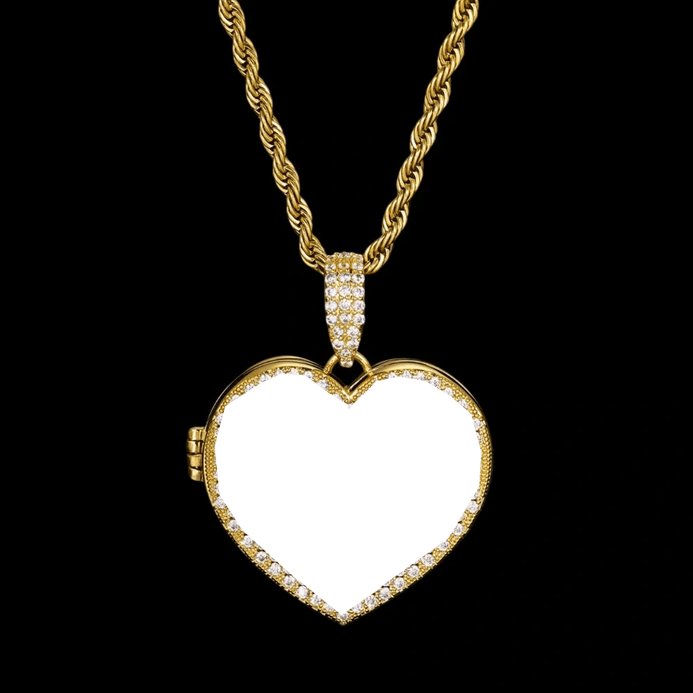 3 x Photo Fully Iced Out Custom Heart - Shaped Solid Pendant - 38mm - TONGSHOP / Length:16 / Length:18