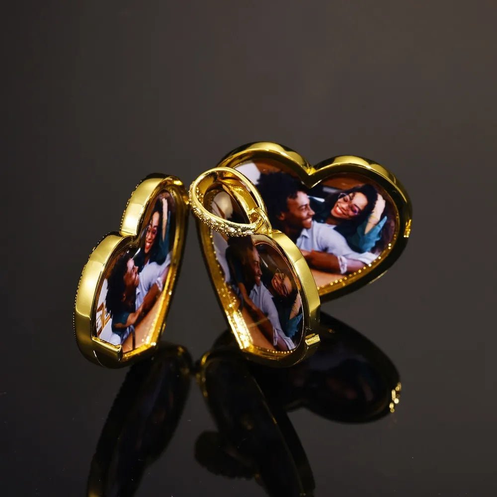 3 x Photo Fully Iced Out Custom Heart - Shaped Solid Pendant - 38mm - TONGSHOP / Length:16 / Length:18