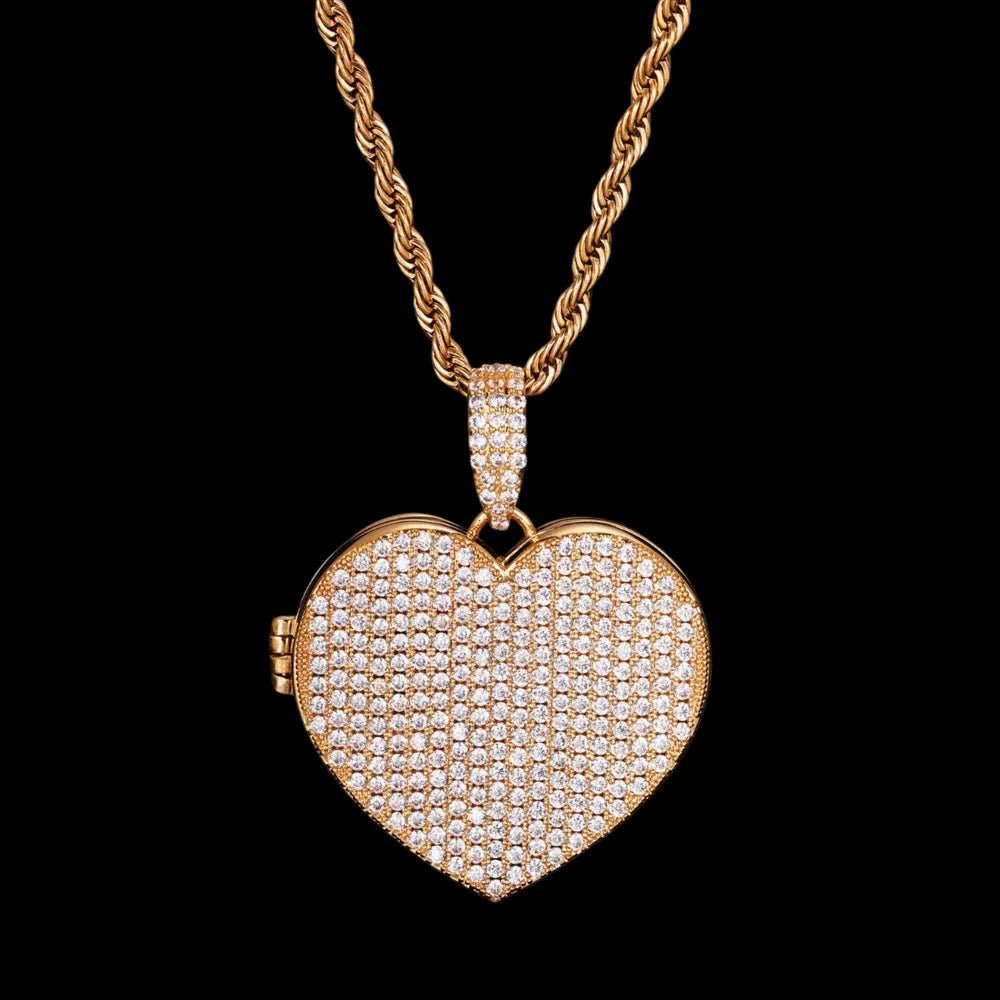 3 x Photo Fully Iced Out Custom Heart - Shaped Solid Pendant - 38mm - TONGSHOP / Length:16 / Length:18