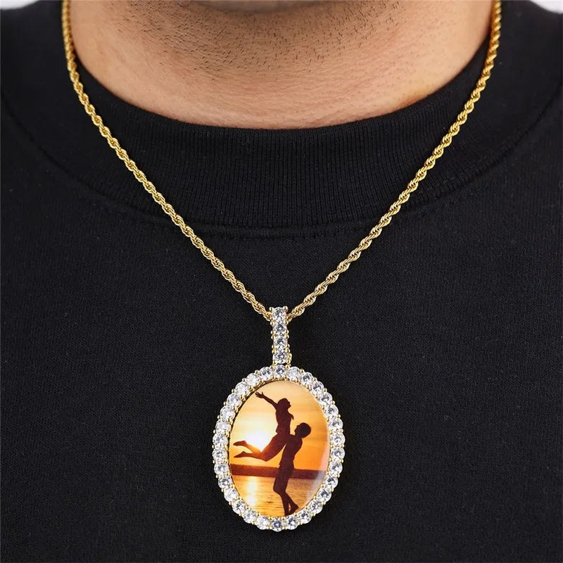 3D New Custom Photo Oval Pendant in White Gold - 38mm