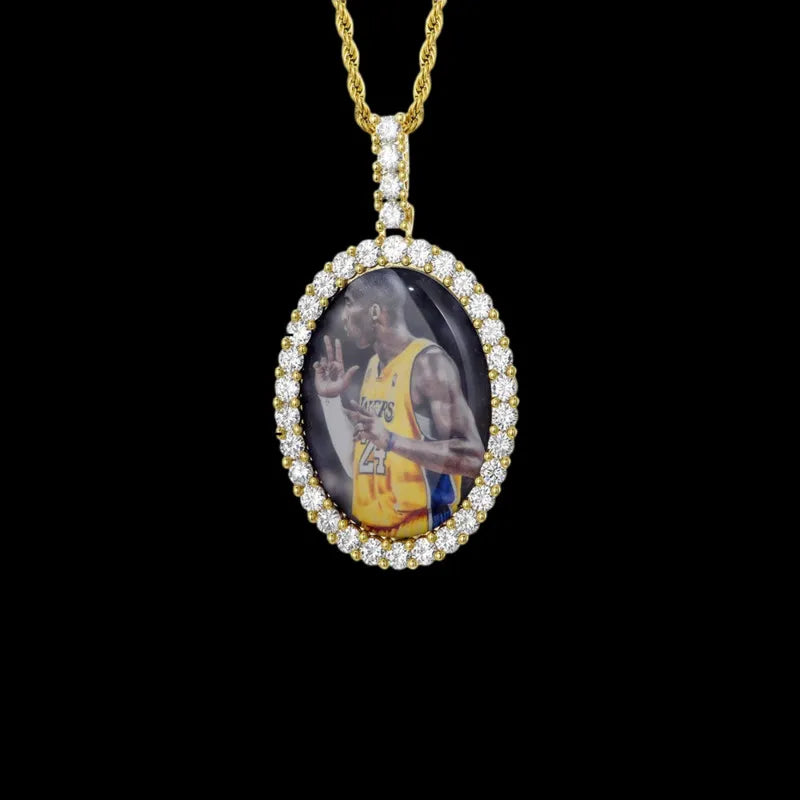 3D New Custom Photo Oval Pendant in White Gold - 38mm