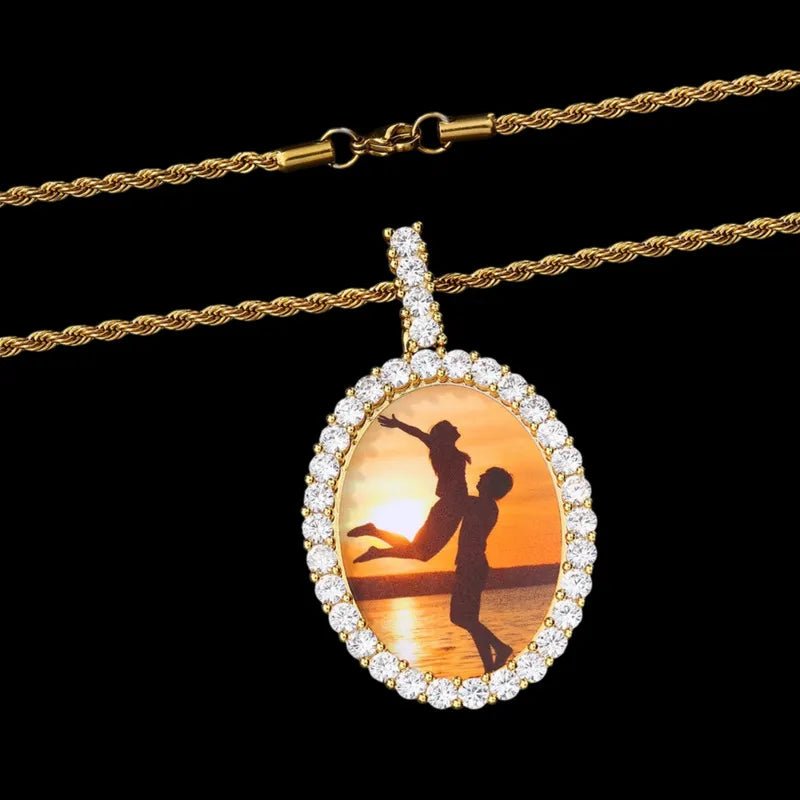 3D New Custom Photo Oval Pendant in White Gold - 38mm - TONGSHOP / Length:16 / Length:18