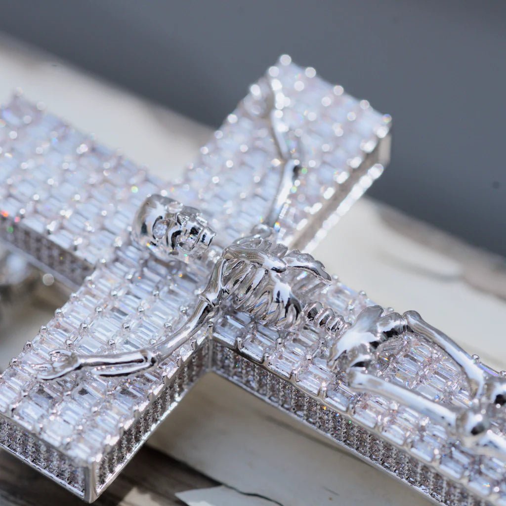 3D Skull Cross Baguette Solid Iced Pendent - 51MM - TONGSHOP / Color:White Gold / Color:Yellow Gold
