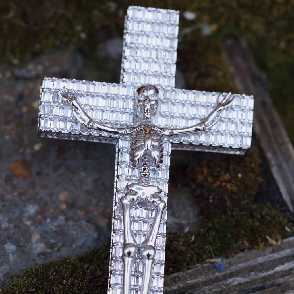 3D Skull Cross Baguette Solid Iced Pendent - 51MM - TONGSHOP / Color:White Gold / Color:Yellow Gold