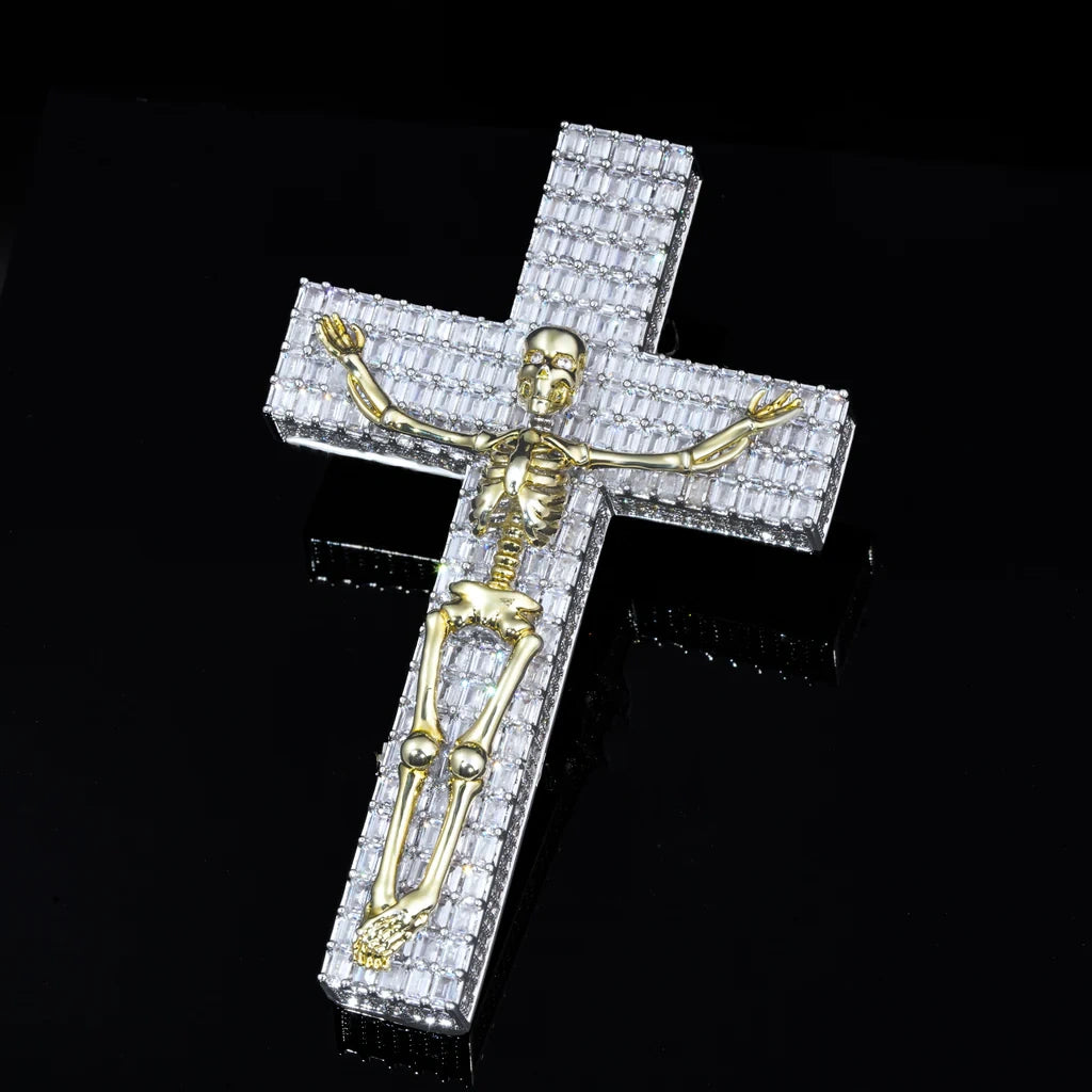 3D Skull Cross Baguette Solid Iced Pendent - 51MM
