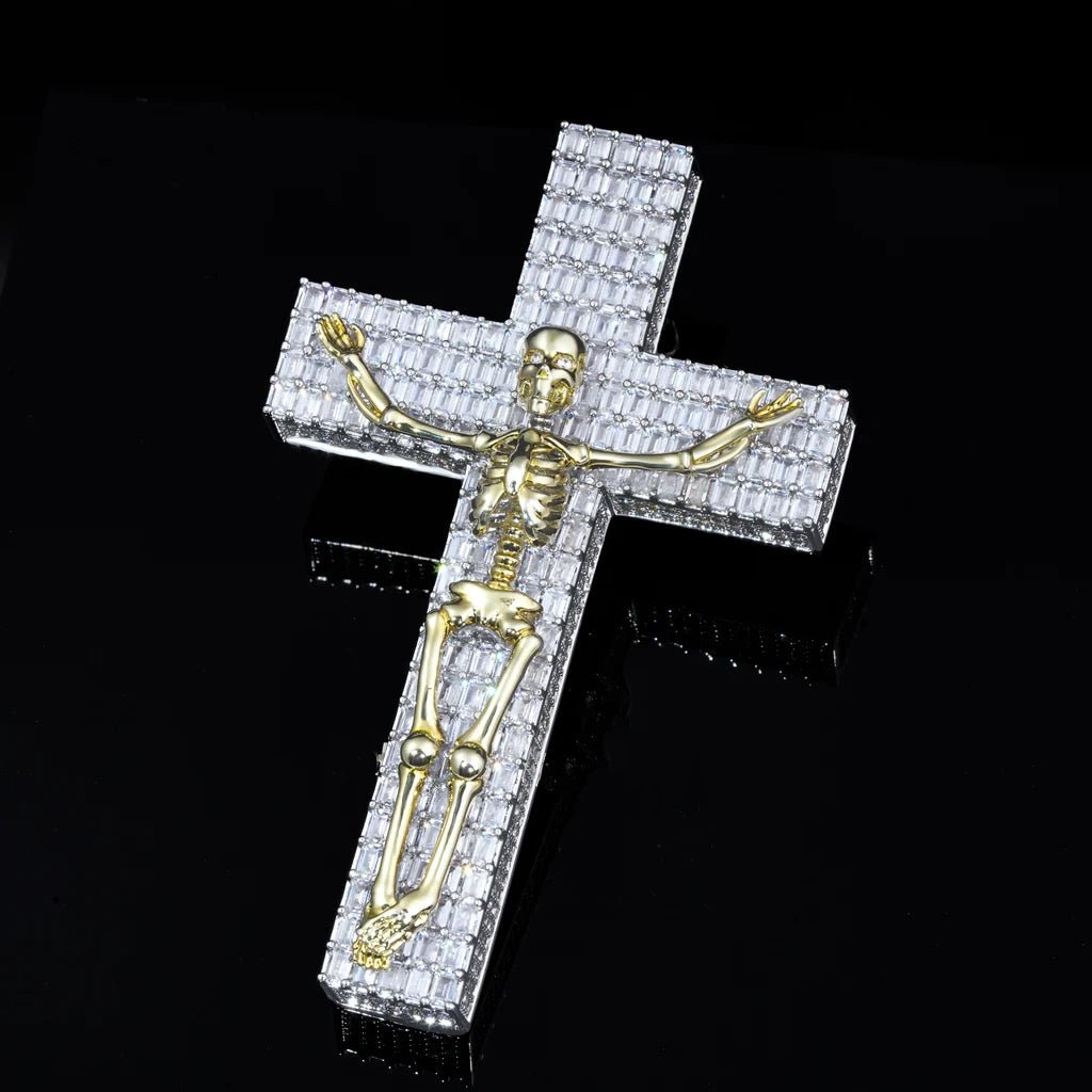 3D Skull Cross Baguette Solid Iced Pendent - 51MM - TONGSHOP / Color:White Gold / Color:Yellow Gold