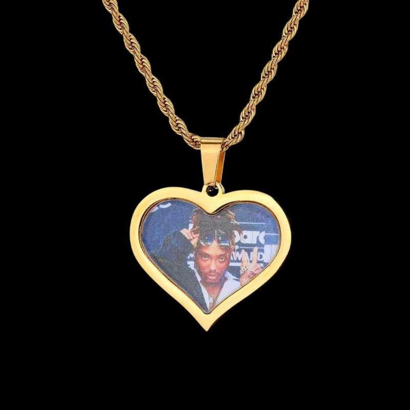 3D Customized Photo Stainless Steel Heart Pendant - 35mm - TONGSHOP / Length:16 / Length:18