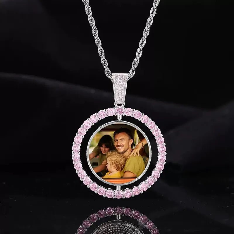 3D Double-Sided Custom Photo Round Pendant White Gold Pink Diamonds - 45mm - TONGSHOP