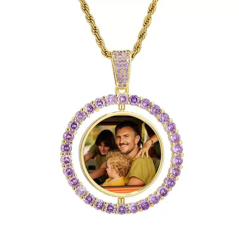 3D Double-Sided Custom Photo Round Pendant White Gold Pink Diamonds - 45mm - TONGSHOP