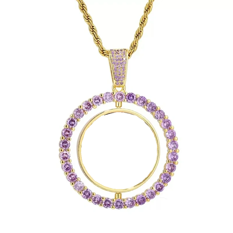 3D Double-Sided Custom Photo Round Pendant White Gold Pink Diamonds - 45mm