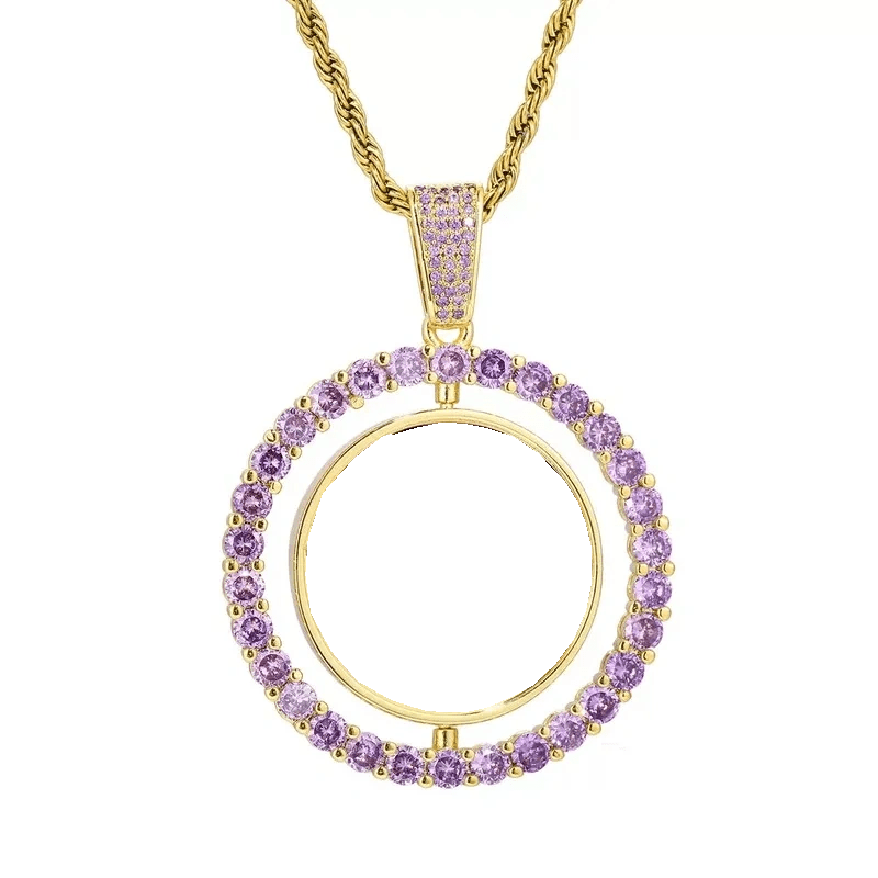 3D Double-Sided Custom Photo Round Pendant White Gold Pink Diamonds - 45mm - TONGSHOP
