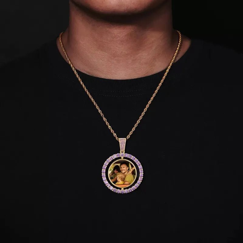 3D Double-Sided Custom Photo Round Pendant White Gold Pink Diamonds - 45mm - TONGSHOP