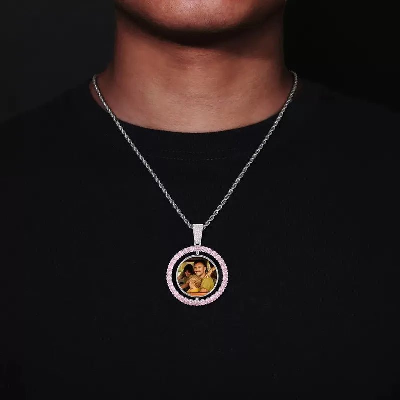 3D Double-Sided Custom Photo Round Pendant White Gold Pink Diamonds - 45mm - TONGSHOP