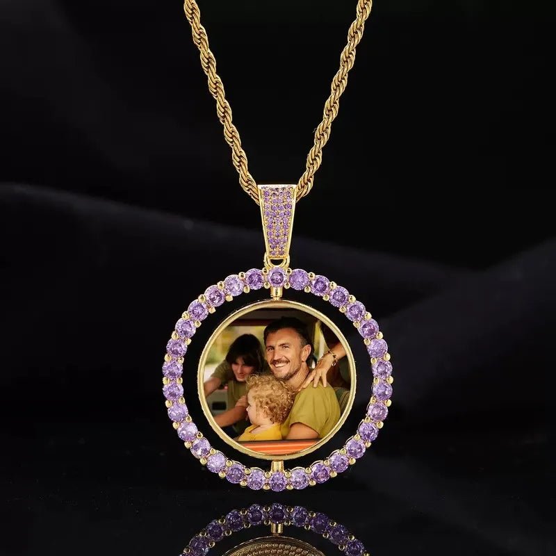 3D Double-Sided Custom Photo Round Pendant White Gold Pink Diamonds - 45mm - TONGSHOP