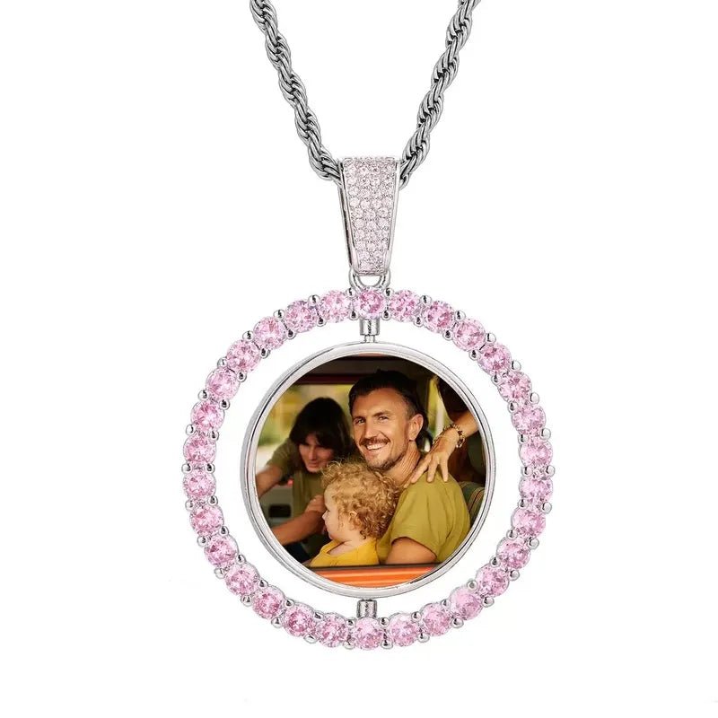 3D Double-Sided Custom Photo Round Pendant White Gold Pink Diamonds - 45mm - TONGSHOP