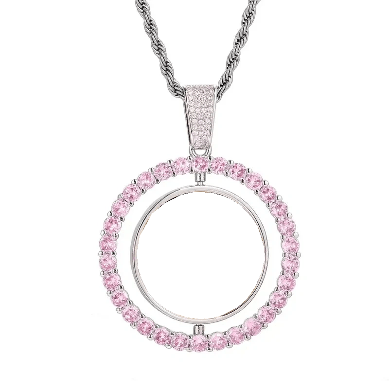 3D Double-Sided Custom Photo Round Pendant White Gold Pink Diamonds - 45mm - TONGSHOP