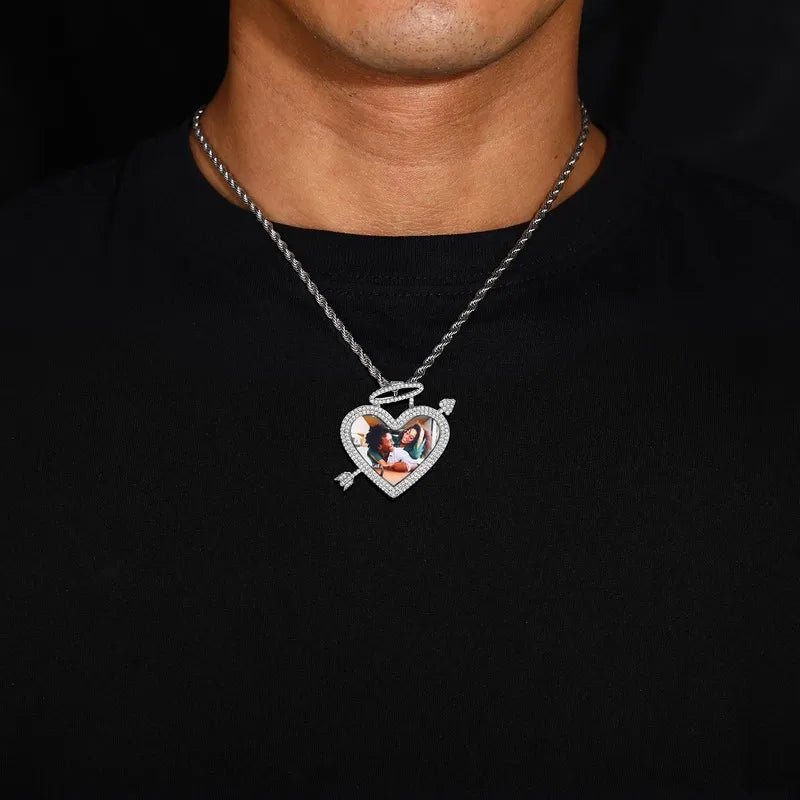 3D Arrow Through Heart Custom Photo Pendant in White Gold - 45mm - TONGSHOP / Length:16 / Length:18