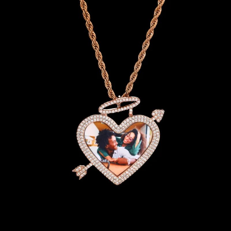 3D Arrow Through Heart Custom Photo Pendant in White Gold - 45mm - TONGSHOP / Length:16 / Length:18