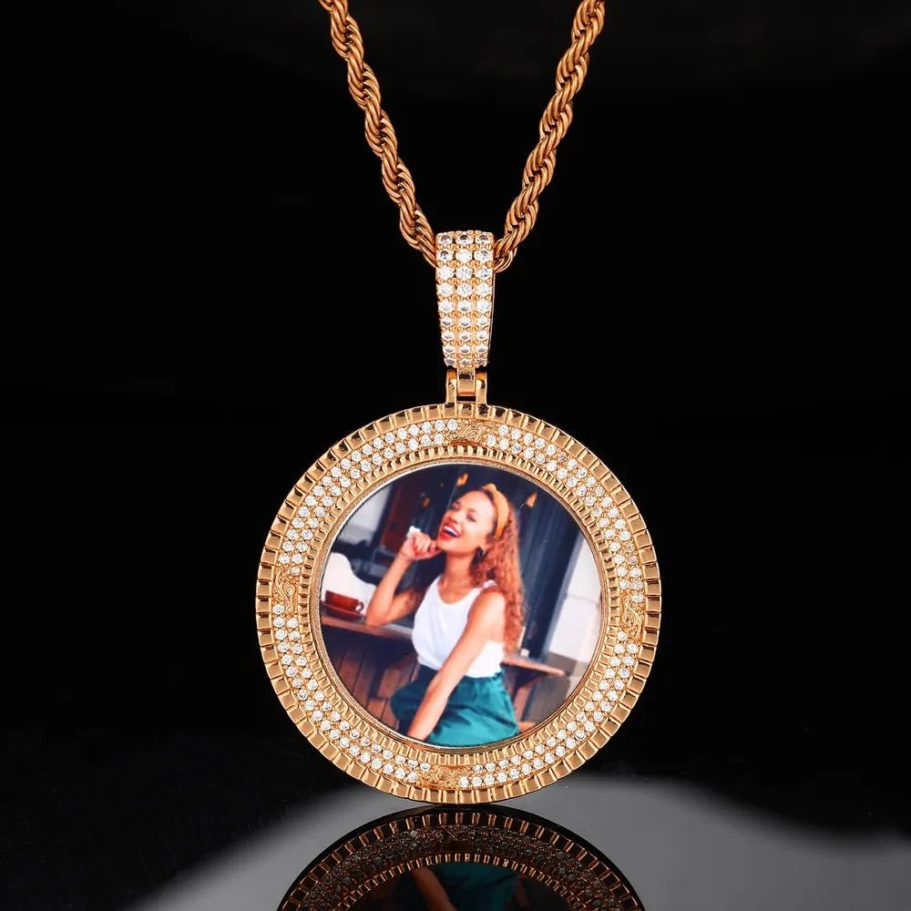 3D Custom Double - Row Diamond Photo Round Pendant - 40mm - TONGSHOP / Length:16 / Length:18