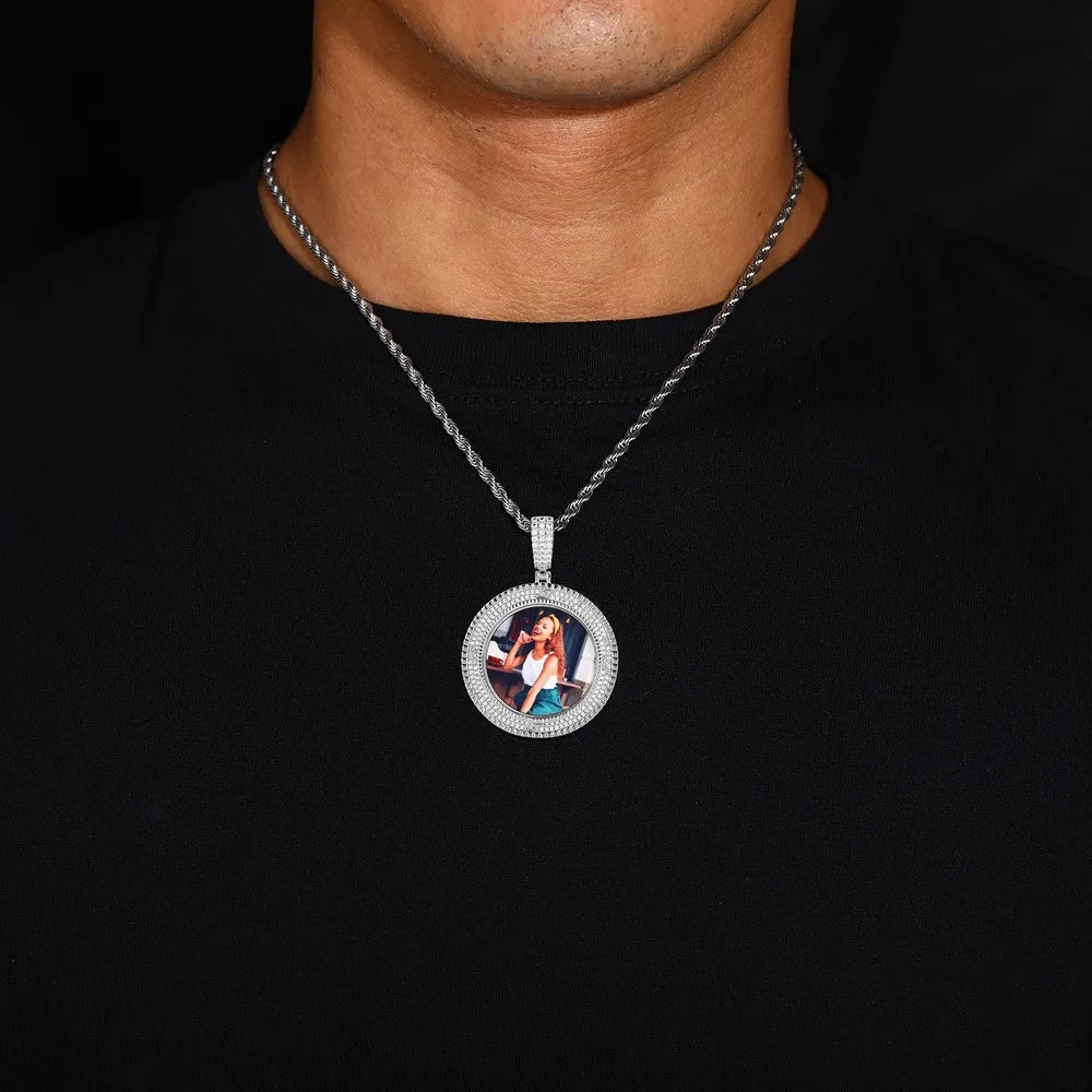 3D Custom Double - Row Diamond Photo Round Pendant - 40mm - TONGSHOP / Length:16 / Length:18