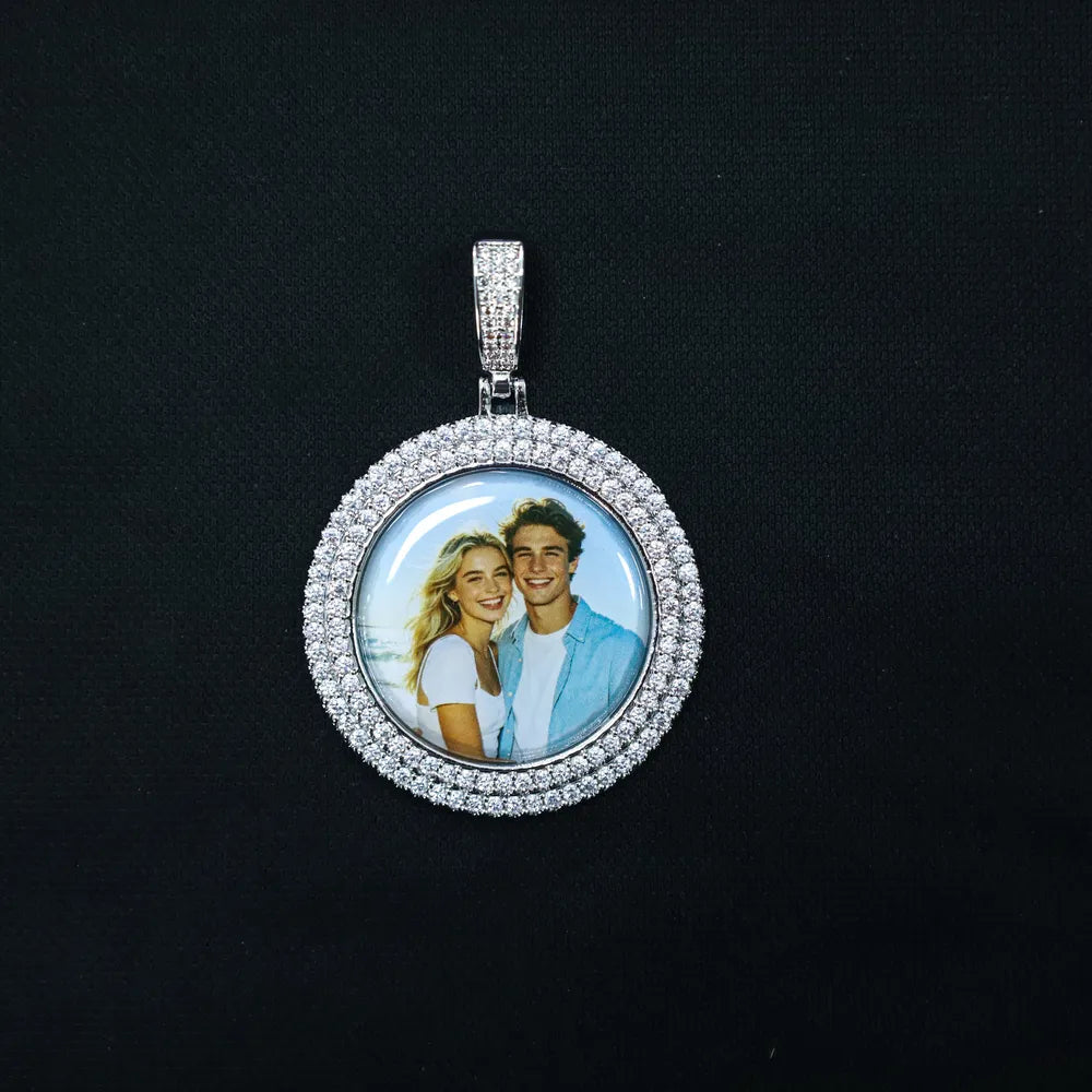 3D Double - Row Diamond - Set Circular Photo Pendant - TONGSHOP / Length:16 / Length:18