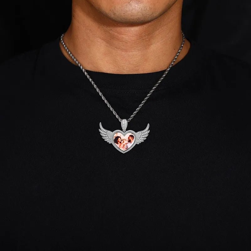 3D Heart Wings Solid Round Custom Photo Pendant - 55mm - TONGSHOP / Length:16 / Length:18