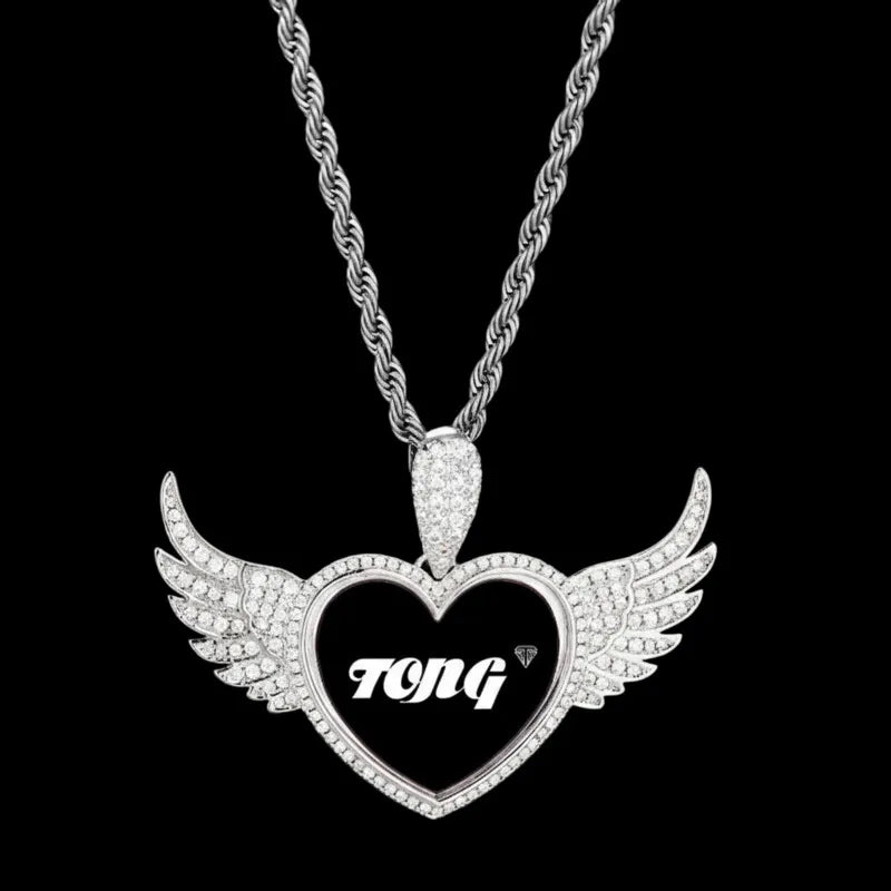 3D Heart Wings Solid Round Custom Photo Pendant - 55mm - TONGSHOP / Length:16 / Length:18