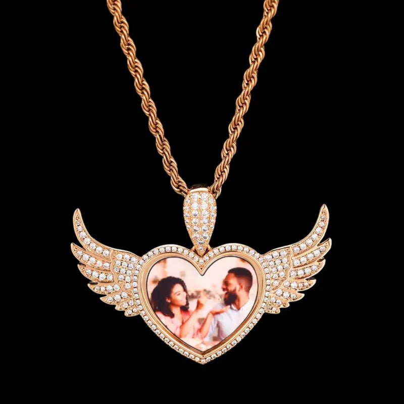 3D Heart Wings Solid Round Custom Photo Pendant - 55mm - TONGSHOP / Length:16 / Length:18