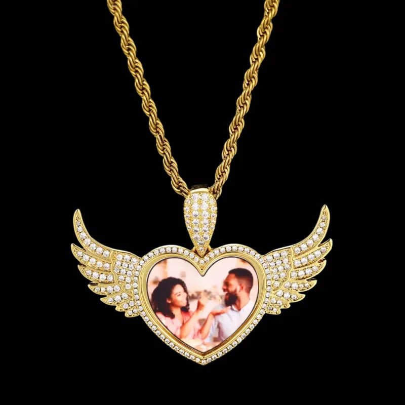 3D Heart Wings Solid Round Custom Photo Pendant - 55mm - TONGSHOP / Length:16 / Length:18