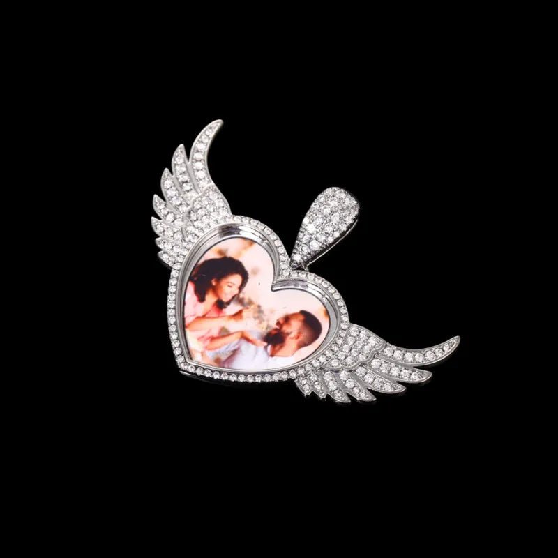 3D Heart Wings Solid Round Custom Photo Pendant - 55mm - TONGSHOP / Length:16 / Length:18
