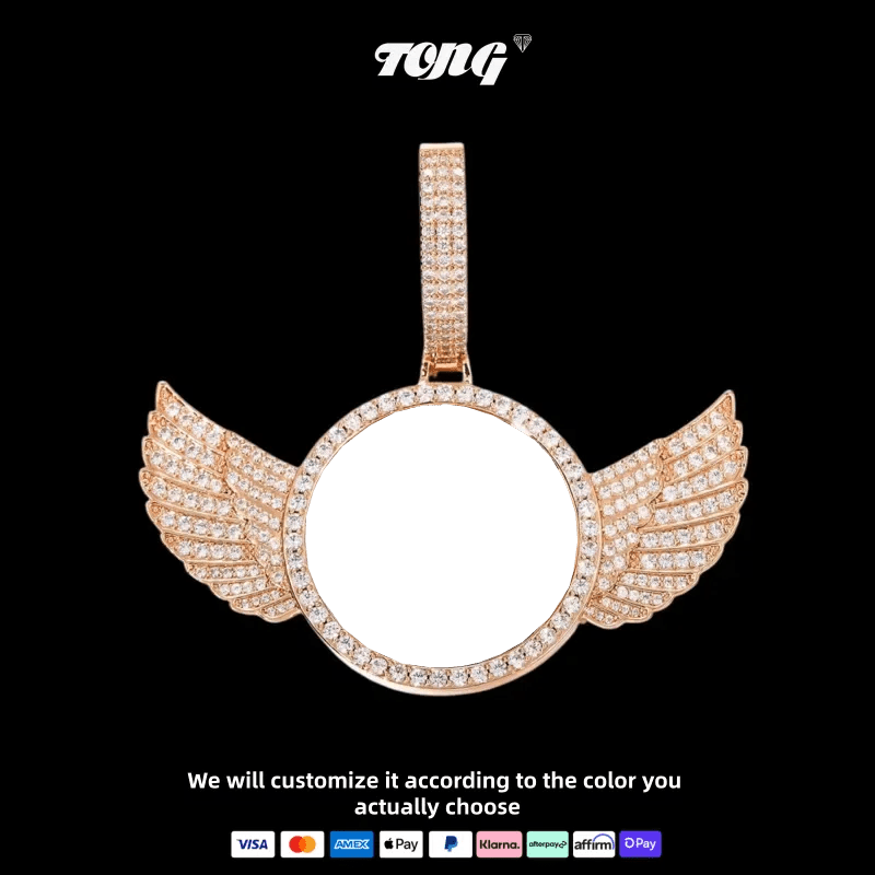 3D Large Buckle Solid Wings Round Custom Photo Pendant - 68mm - TONGSHOP / Length:16 / Length:18