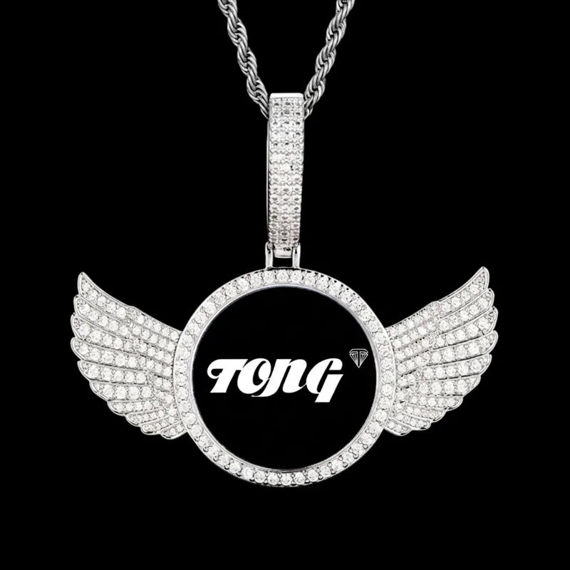 3D Large Buckle Solid Wings Round Custom Photo Pendant - 68mm - TONGSHOP / Length:16 / Length:18