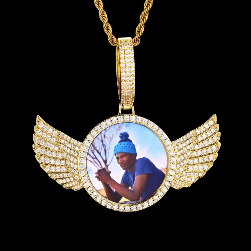 3D Large Buckle Solid Wings Round Custom Photo Pendant - 68mm - TONGSHOP / Length:16 / Length:18