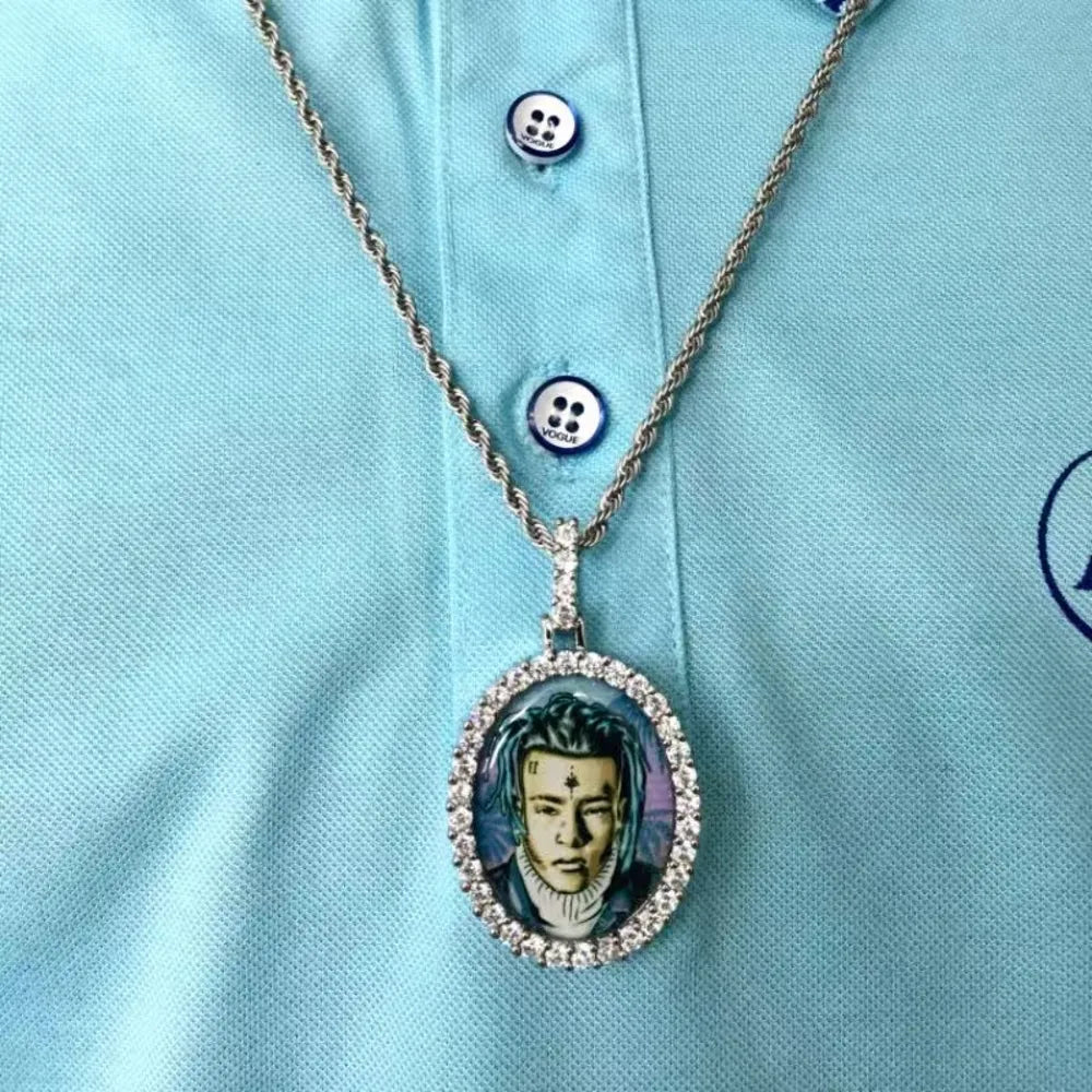 3D Oval Photo Diamond Iced - Out Pendant - TONGSHOP / Length:16 / Length:18
