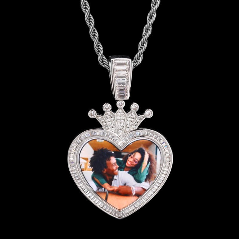 3D Solid Crown Heart Custom Photo Pendant - 36mm - TONGSHOP / Length:16 / Length:18